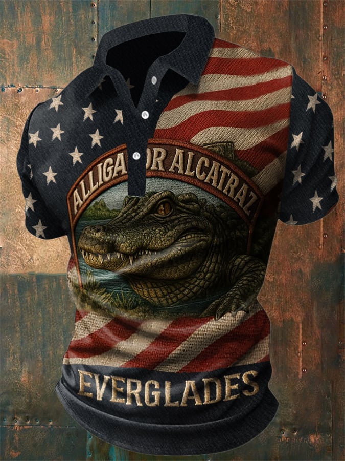 Men's Retro Alligator Alcatraz Everglades Print Polo Shirt
