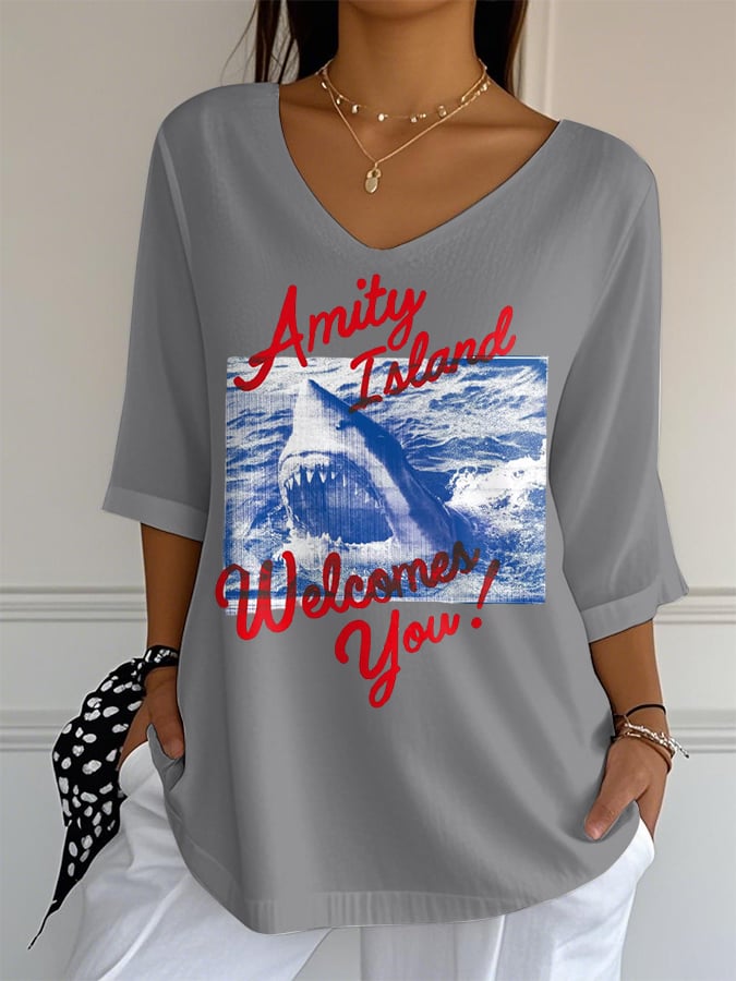Women's Great White Shark 1975 Graphic Print Mid Sleeve Casual T-Shirt