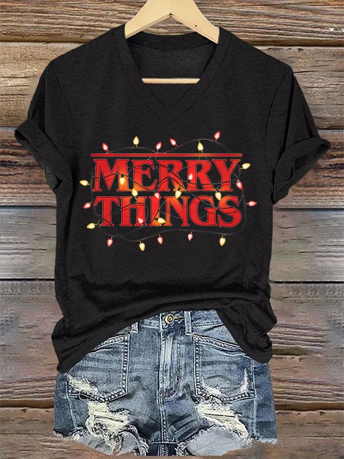 V-Neck Retro Merry Christmas Merry Things Print T-Shirt