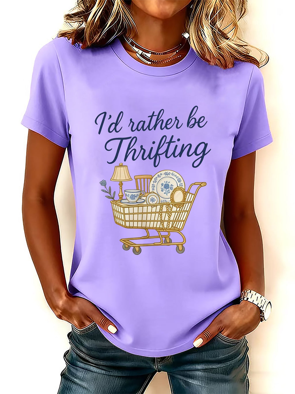 Women's I’d Rather Be Thrifting Print Round Neck T-Shirt
