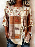 Women's Autumn Patchwork JESUS Print Top