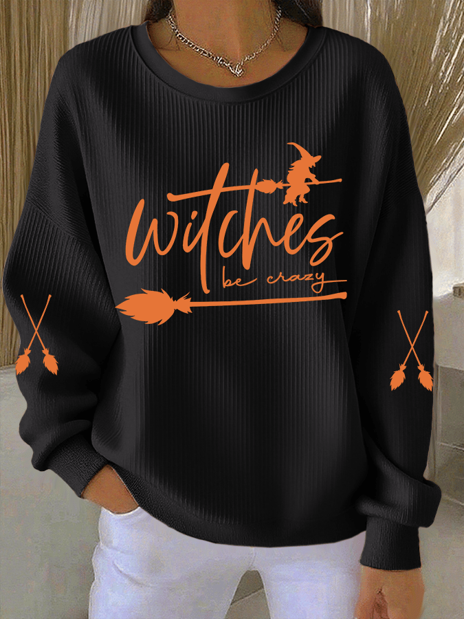 Women's Witch Be Crazy Print Knit Crew Neck Long Sleeve Top