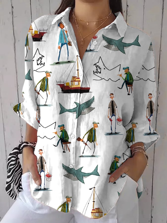 Women's Shark Art Print Casual Shirt