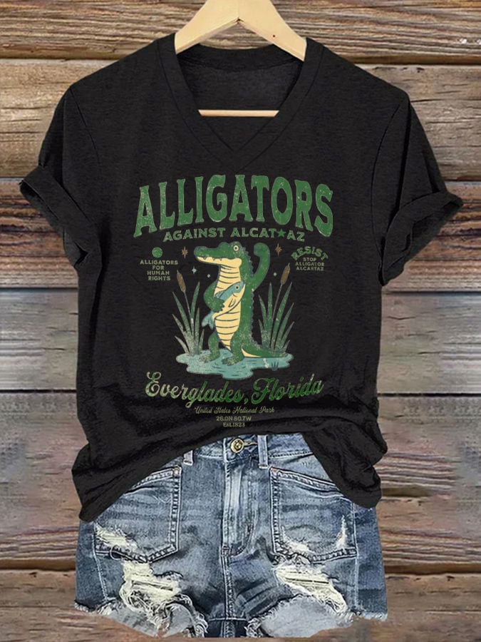 Women's Fashion Casual Retro Crocodile Island Resistance Fdt Print T-Shirt
