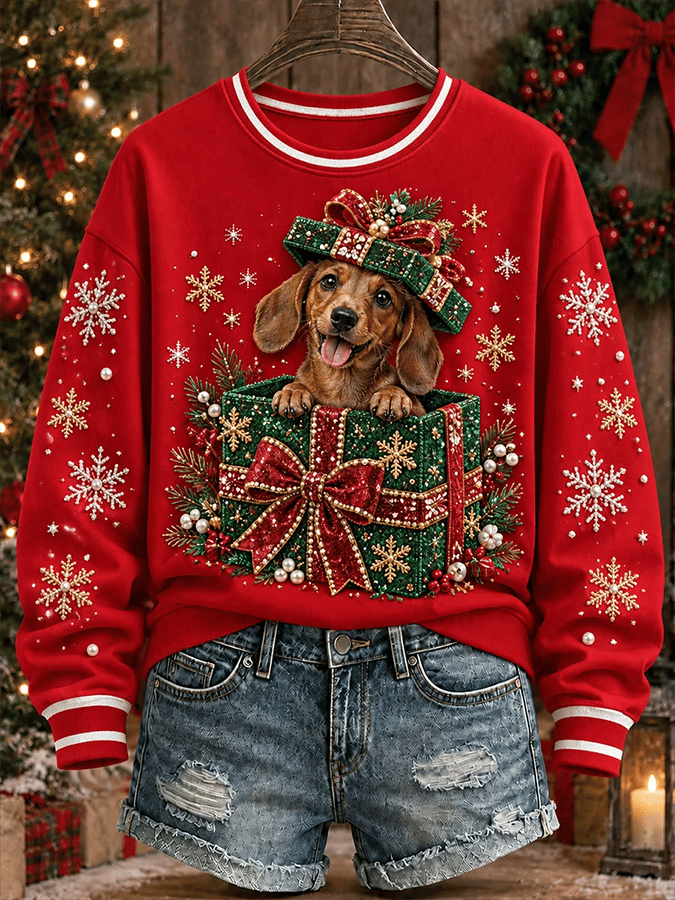 Women's Retro Christmas Dog  Print Top