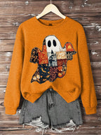 Women's Halloween Ghost Print Crew Neck Sweatshirt