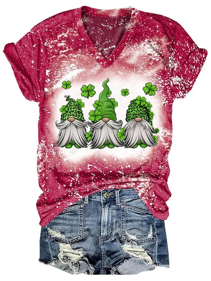 Women‘s Gnome Clover Tie-Dye Print Casual T-shirt
