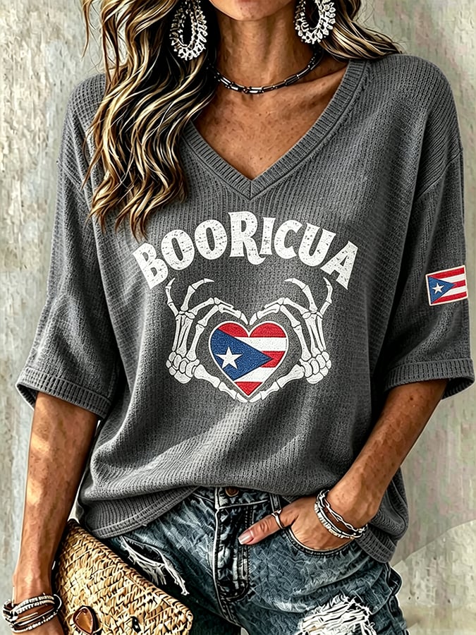 Women's Halloween In Puerto Rico Print Waffle-Knit Top