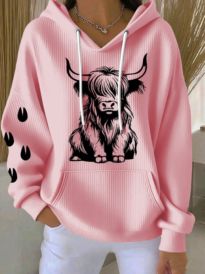 Women's Vintage Western Highland Cow Print Casual Hooded Sweatshirt