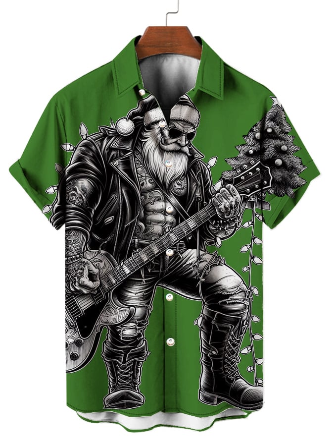Men's Musical Santa Print Fashion Short Sleeve Shirt