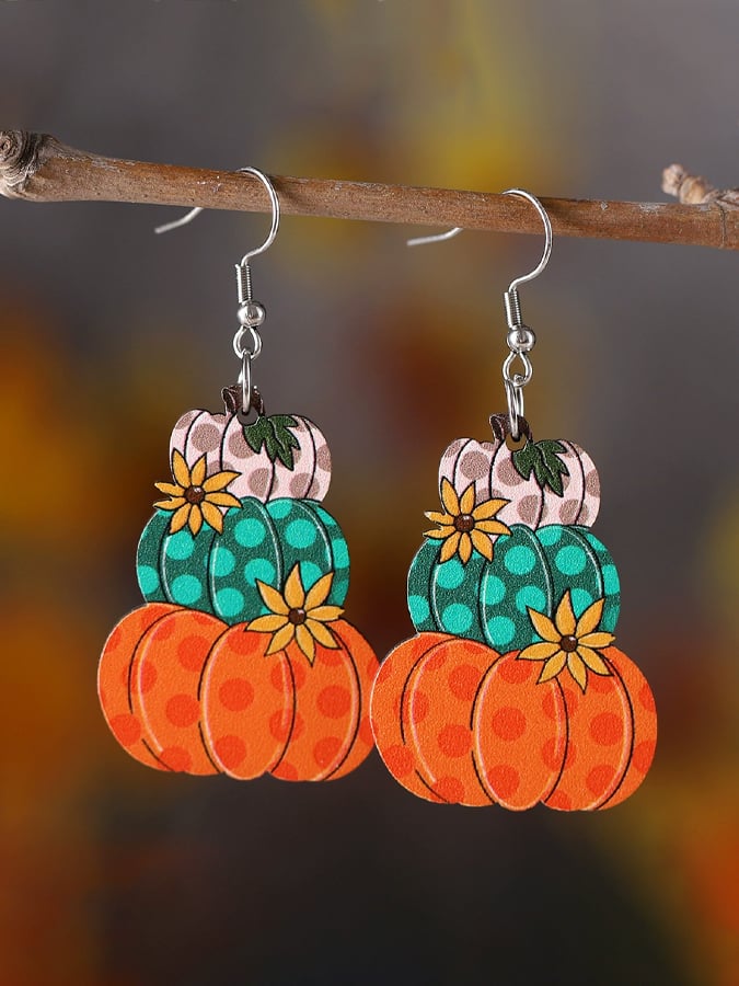 Women's Autumn Harvest Polka Dot Check Pumpkin Flower Pendant Earrings Wooden Double-Sided Earrings