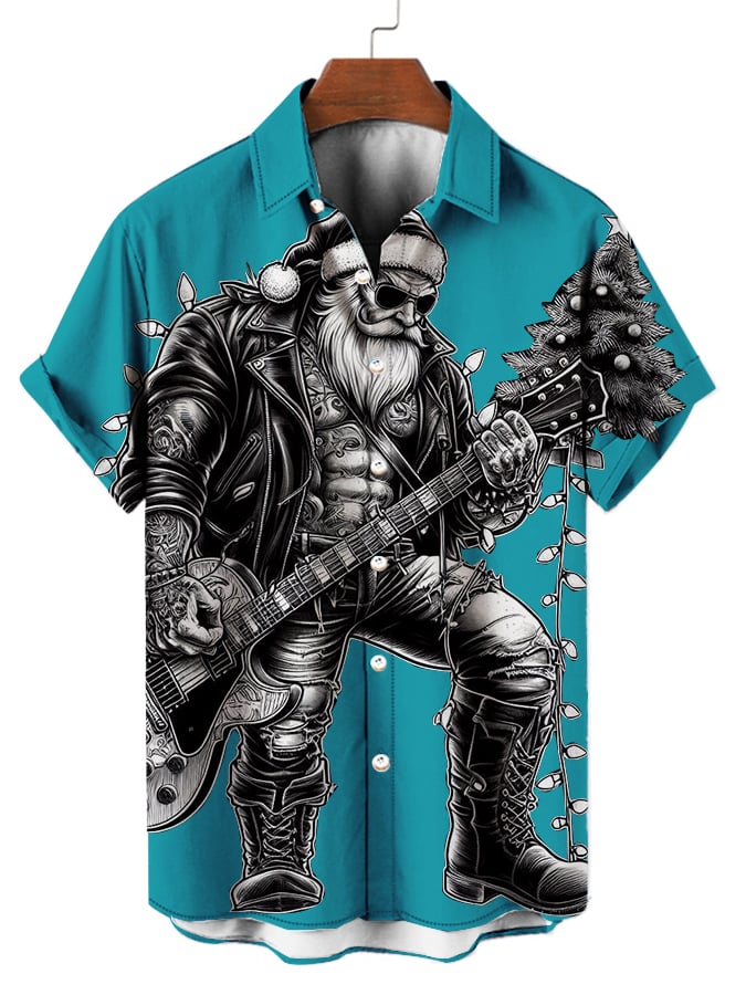 Men's Musical Santa Print Fashion Short Sleeve Shirt