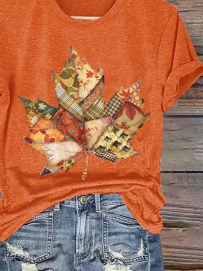 Women's Casual Autumn Golden Maple Leaf Stitching Print T-shirt