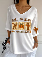 Women's Retro Fall For Jesus He Never Leaves Print T-Shirt