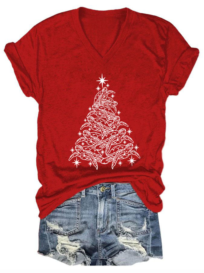 Women's Casual Hawaiian Turtle Christmas Print Short Sleeve T-Shirt