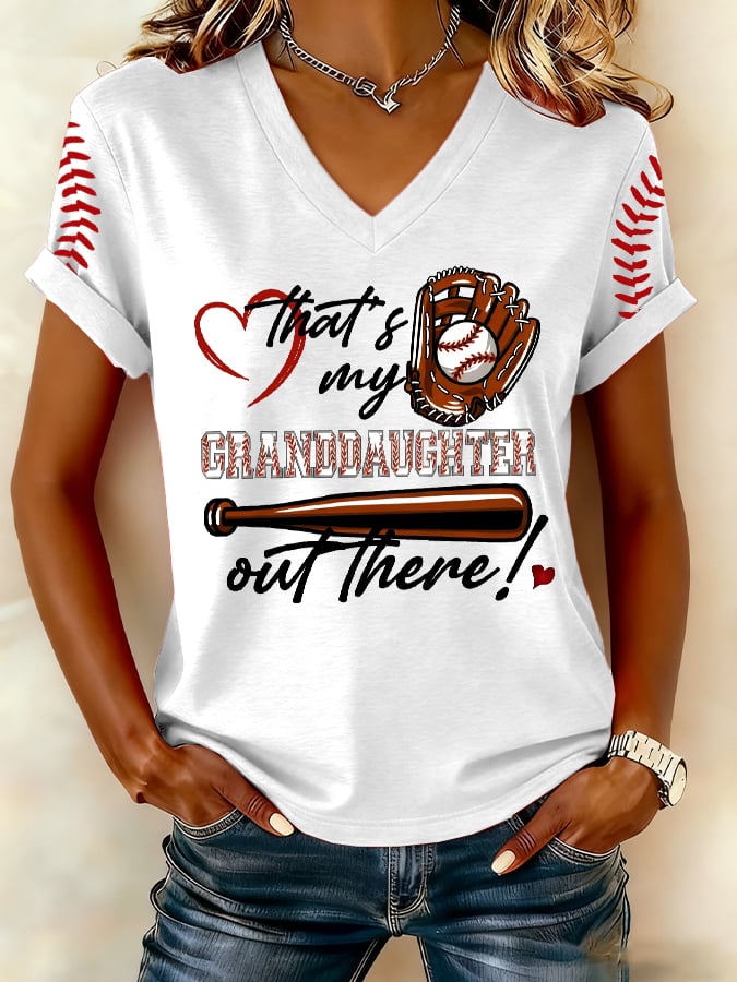 Women's That’s My Granddaughter Out There Baseball Print V Neck T-shirt