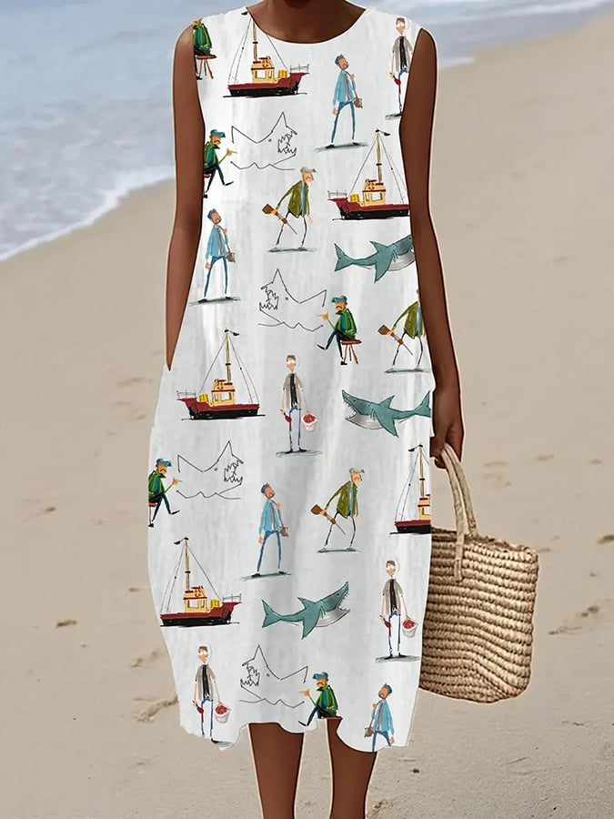 Women's Shark Art Print Sleeveless Dress