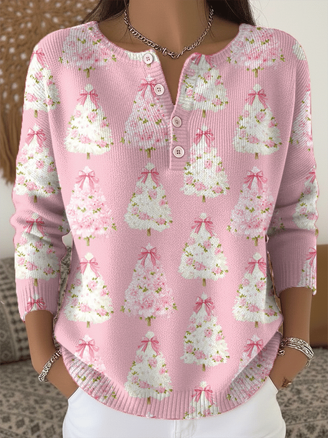 Women's Christmas Print Knit Button Top