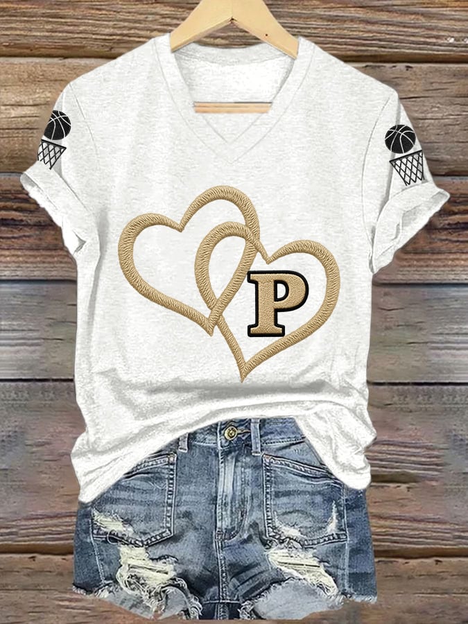 Women's Basketball Print V Neck T-shirt