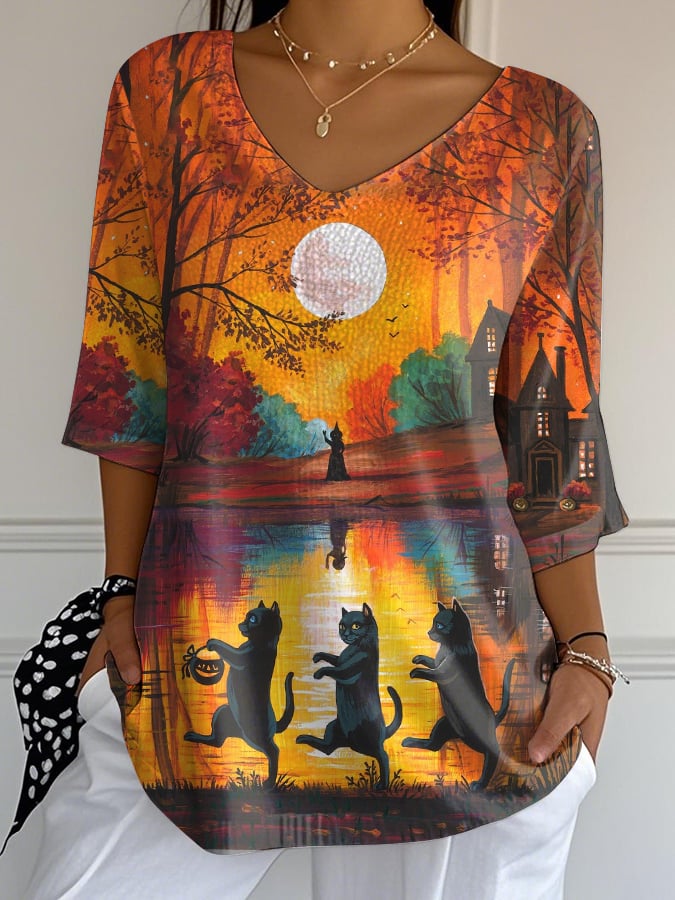 Women's Casual Autumn Witch Cat Bubble Wrinkle Top