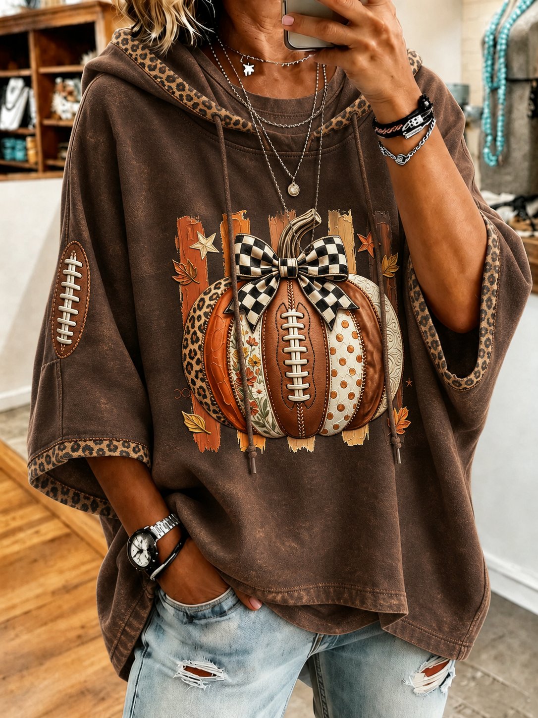 Women's Football Inspired Fall Pumpkin Print Sweatshirt