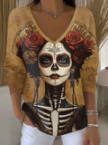 Women's Skull Floral Print Casual Striped Knit Top