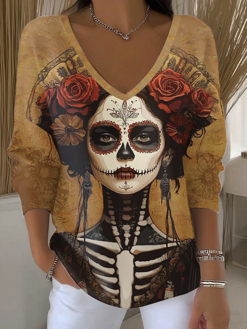 Women's Skull Floral Print Casual Striped Knit Top