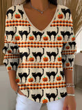 Women's Casual Autumn Pumpkin Cat Striped Long Sleeve Bottoming Shirt