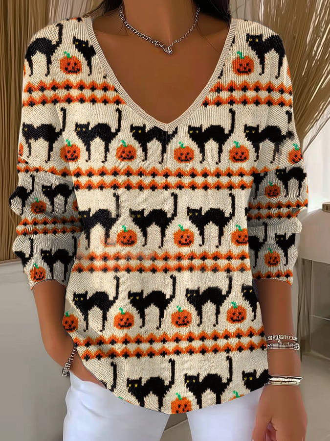 Women's Casual Autumn Pumpkin Cat Striped Long Sleeve Bottoming Shirt