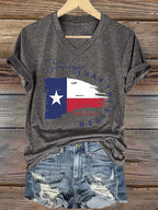 V-Neck Retro Texas Strong Hill Country Stronger Than The Storm Print T-Shirt