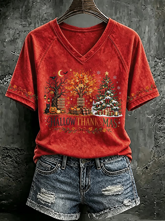 🔥🔥2nd 50% Off 🔥🔥V Neck Retro Happy Hallothanksmas Halloween Thanksgiving Christmas Print T-Shirt