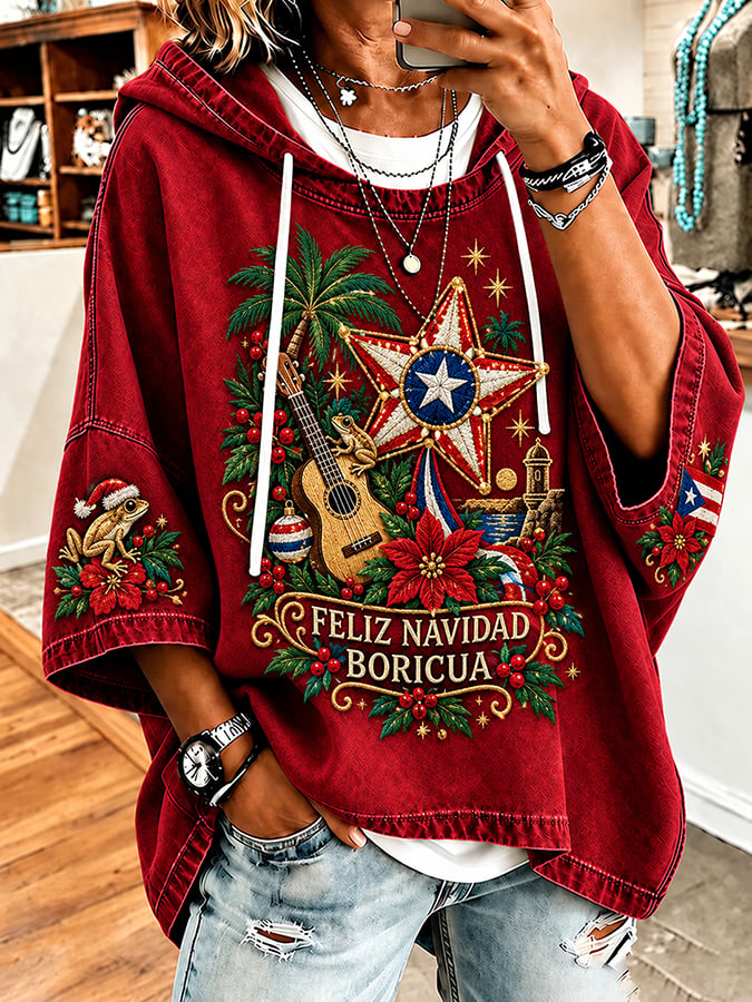 Women's Puerto Rico Christmas Print Hooded Sweatshirt