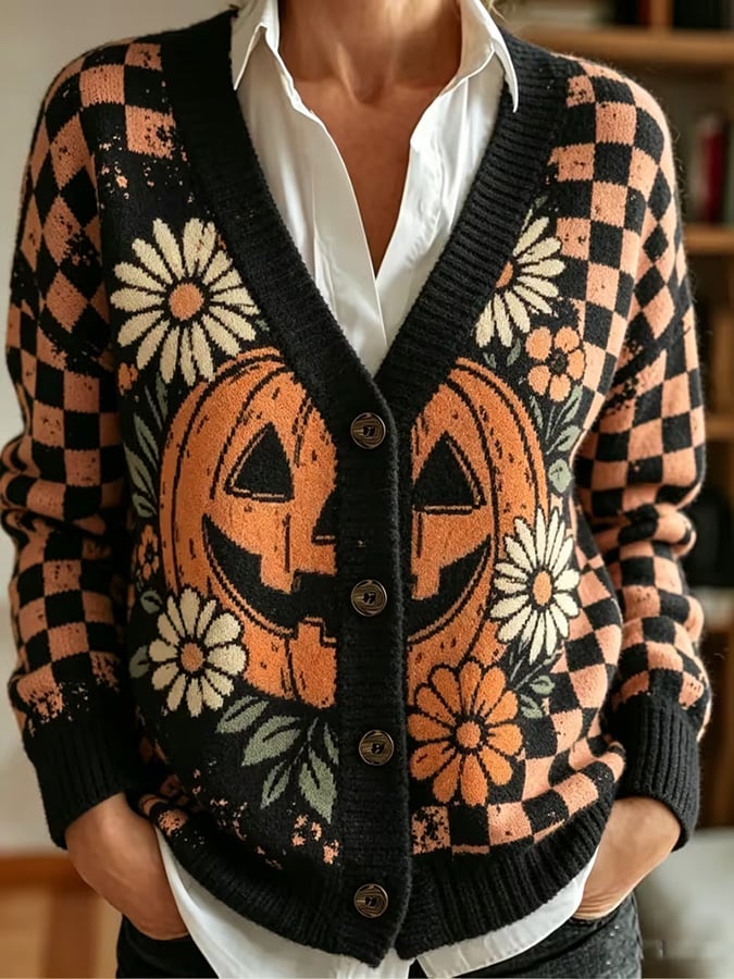 Women's Casual V-Neck Halloween Print Cardigan