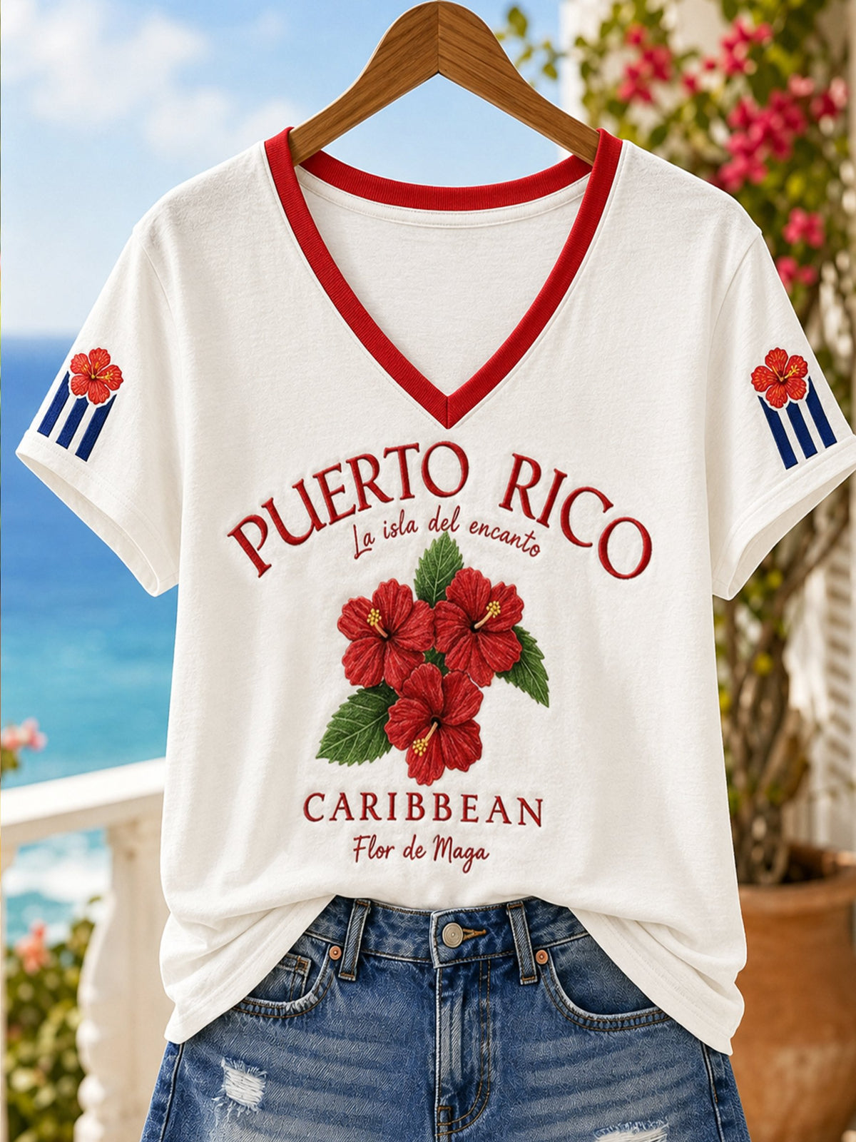 Women's Puerto Rican Print V-Neck Top