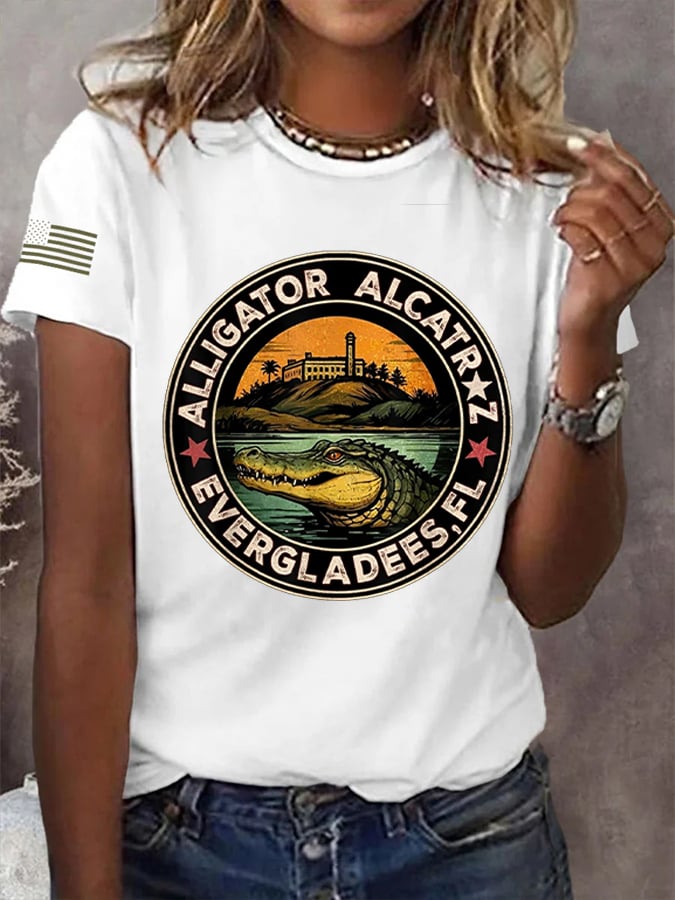 Women's Alligator Alcatraz Funny Florida Everglades Dark Humor Patoitic Print T-Shirt