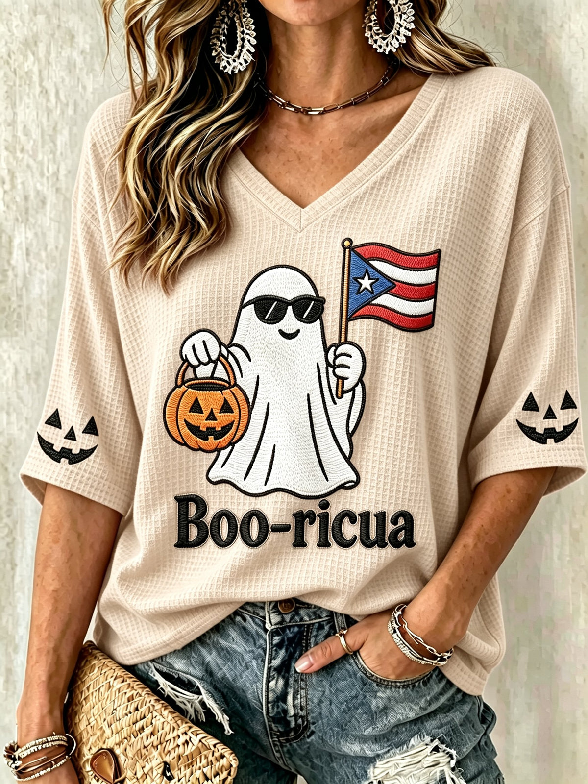 Women's Halloween In Puerto Rico Print Waffle-Knit Top
