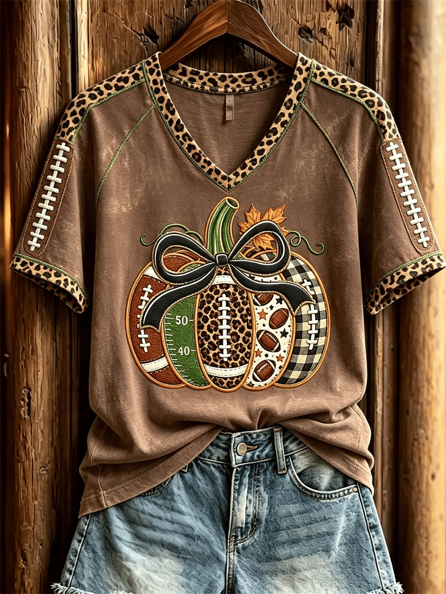 Women's Football Inspired Fall Pumpkin Print T-shirt
