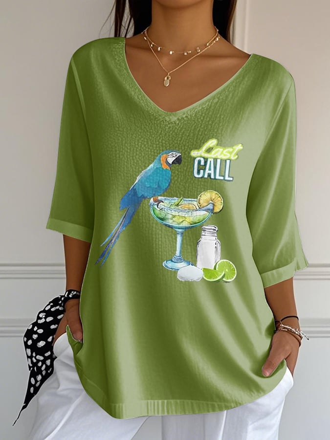 Women's Retro Parrot Margarita Print Mid Sleeve T-Shirt