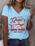 Women's Great White Shark Print V-Neck Short Sleeve T-Shirt