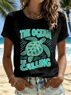 Retro Vacation Sea Turtle The Ocean Is Calling Print T-Shirt
