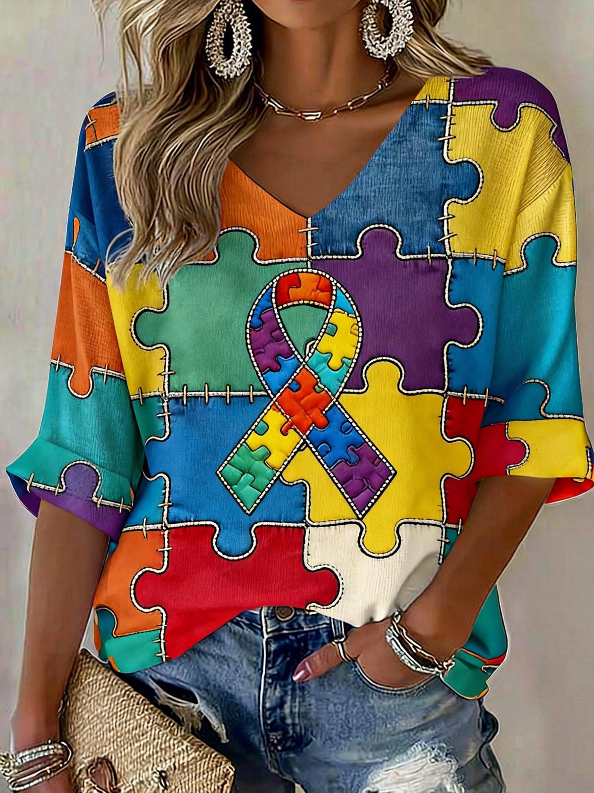 Women's Autism Awareness Print V-Neck Top