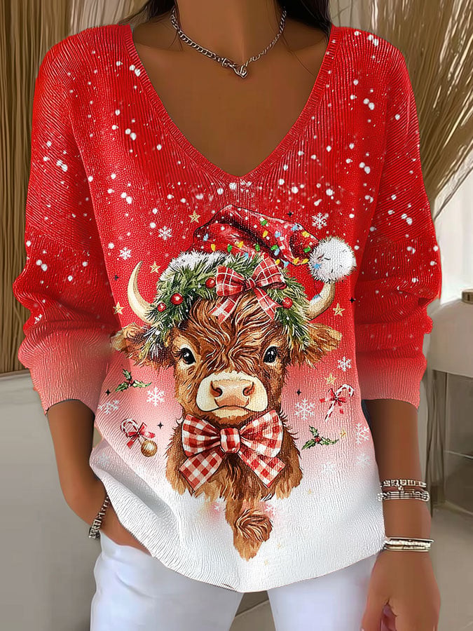 Women's Christmas Highland Cow Print Long Sleeve Top