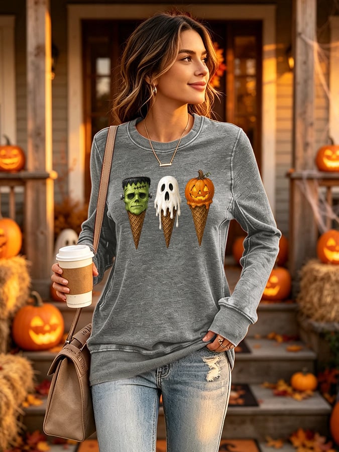 Retro Halloween Spooky Ice Cream  Pumpkin Ghost Print Sweatshirt