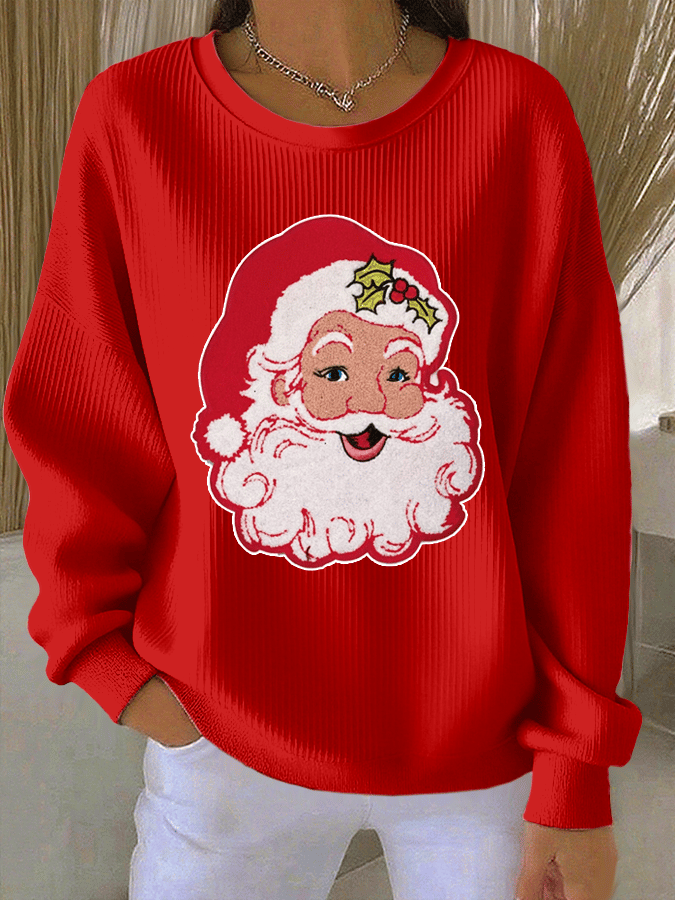 Women's Santa Claus Print Knitted Crew Neck Long Sleeve Top