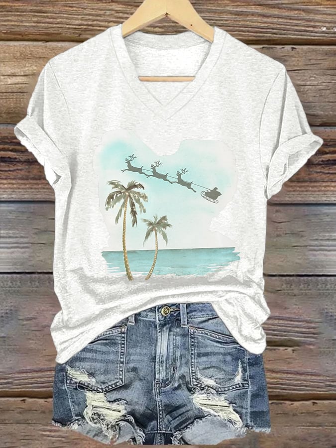 V-neck Retro Florida Merry Christmas Beach Palm Tree Print T-Shirt
