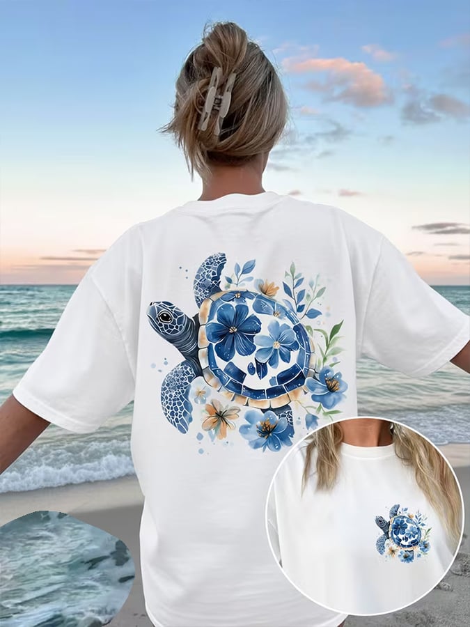 Retro Vacation Sea Turtle The Ocean Is Calling Print T-Shirt
