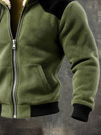 Men's Warm Plush Splicing Contrast Color Zipper Hooded Jacket