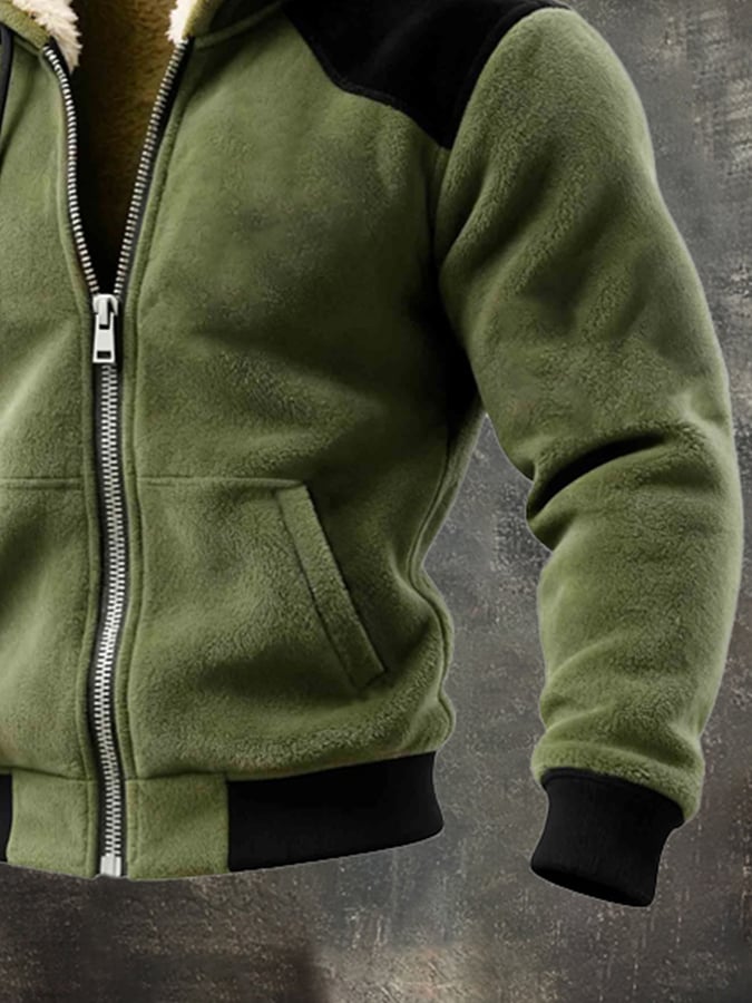 Men's Warm Plush Splicing Contrast Color Zipper Hooded Jacket