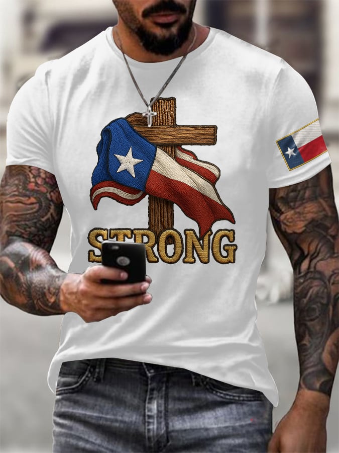Men's Retro Texas Strong Faith Cross Print T-Shirt