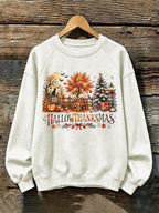 Retro Happy Hallothanksmas Halloween Thanksgiving Christmas Print Sweatshirt